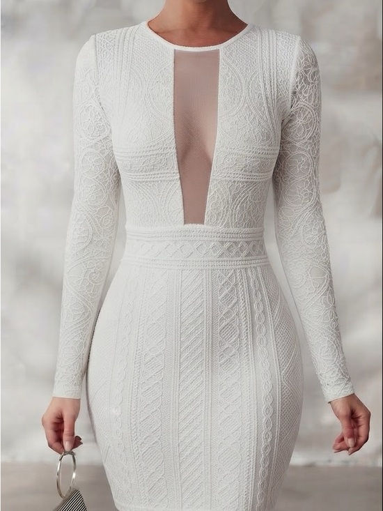 Windsor Dresses & Skirts - Windsor White Lace Midi Dress with Plunge Mesh Paneled Front